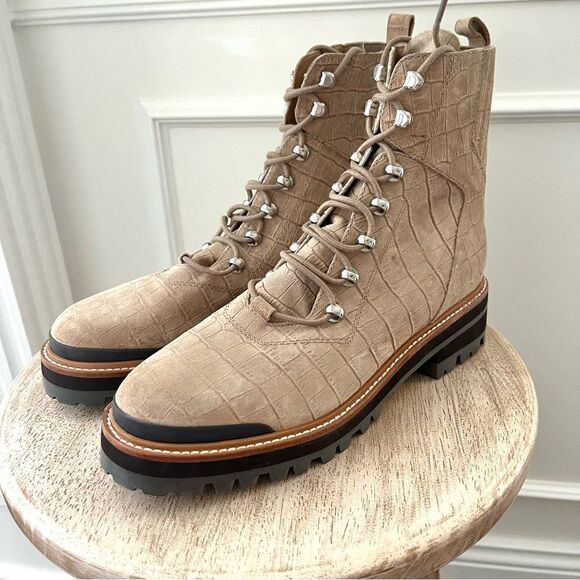 Marc Fisher Lizzie 2 Croc Lace Up Print Platform Combat Boots Tan 9.5 NWOB - Picture 3 of 13